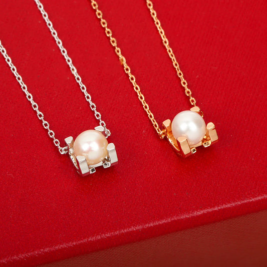 Circular Pearl Silver or Rose Gold Pendant Square Necklace